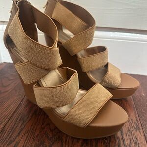 BCBG Elegant Tan Wedge Sandals 8.5